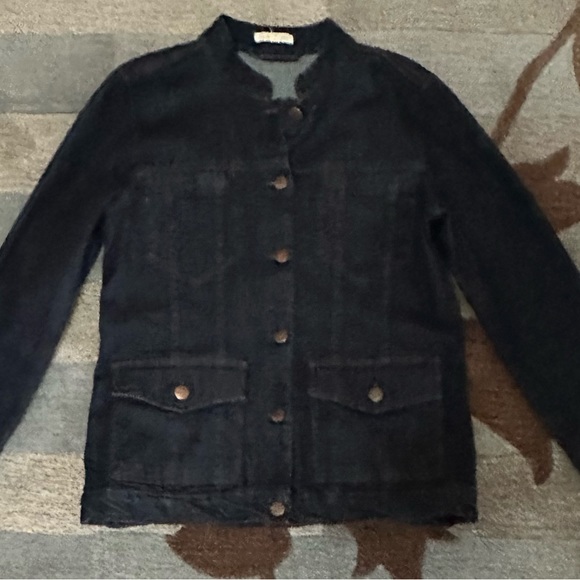 Eileen Fisher Banded Collar Denim Jacket Brass Buttons Pockets at Chest & Hips - Picture 4 of 8